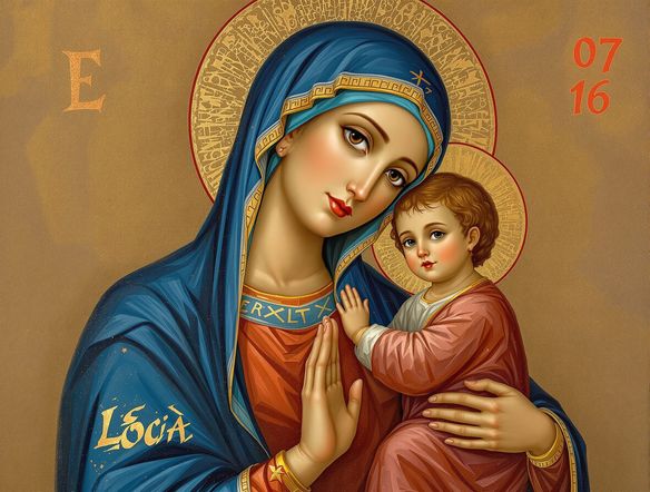 An Orthodox icon AI art piece depicting the Virgin Mary and Child, in a style reminiscent of ancient frescoes with subtle modern artistic flair, sacred art generator.