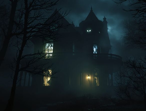 A dimly lit, abandoned Victorian mansion at midnight, shrouded in fog, with eerie glowing eyes peering from a broken window.