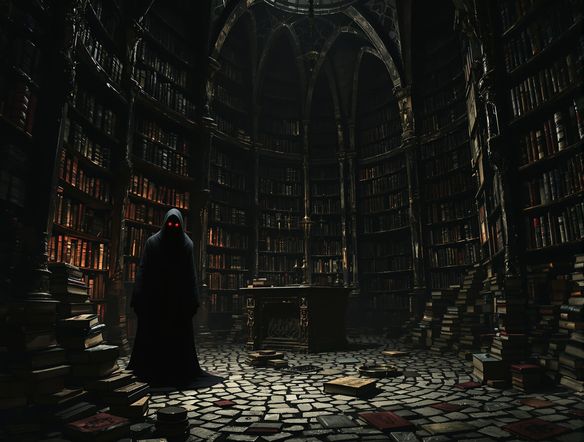 A dimly lit, ancient library filled with forbidden tomes. A shadowy figure with glowing eyes is barely visible in the corner, evoking a sense of dread. Gothic horror art style, unsettling atmosphere.