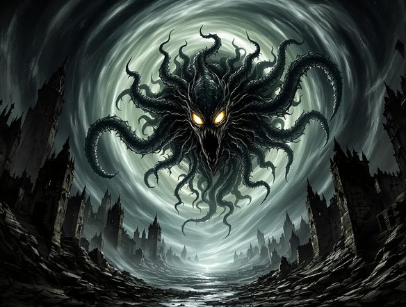 A cosmic horror entity with tentacles and glowing eyes emerging from a swirling void, rendered in a dark, unsettling style. Gothic architecture in the background. Detailed and terrifying.