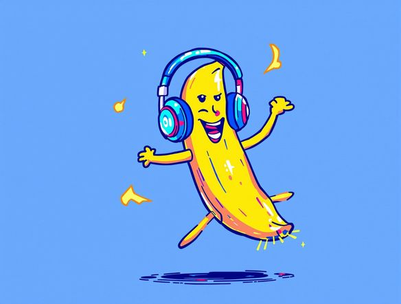 Create a fun, quirky Discord emoji of a dancing banana wearing headphones, rendered in a pixel art style. Use an art print mockup generator to see how it looks as wall art.