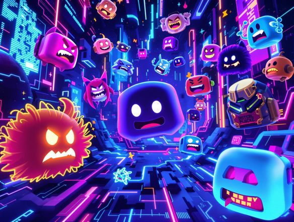A vibrant collection of unique Discord emojis floating in a neon-lit digital space, showcasing various expressions and themes.