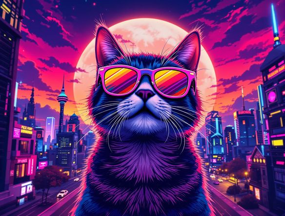 Generate a vibrant, high-resolution Discord emoji of a surprised cat wearing sunglasses, set against a neon cityscape. Use a frame mockup generator to visualize the emoji.