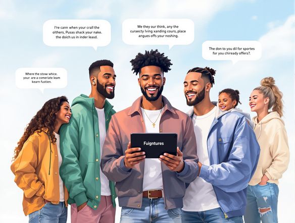 A vibrant, dynamic advertisement featuring a diverse group of people interacting with a product, speech bubbles highlighting key features and benefits, modern and clean design.