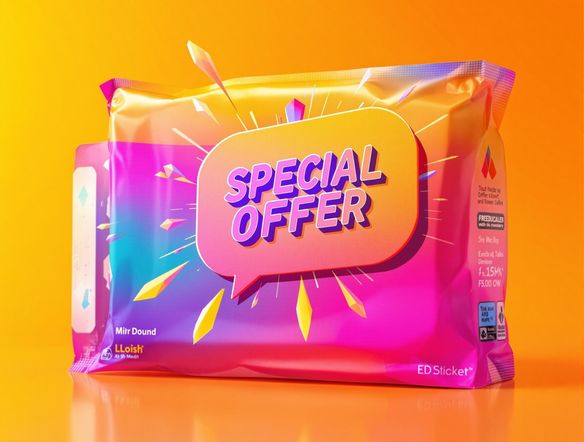 A vibrant, eye-catching advertisement featuring a product with a dynamic speech bubble showcasing a special offer. Use bright colors and a clean, modern design. High resolution.