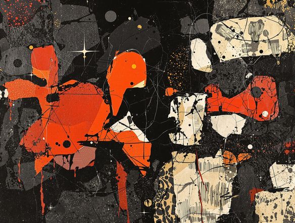 An intricate abstract collagraph print featuring layered textures and deep contrasting colors, showcasing the unique depth and character achievable with AI collagraph art.