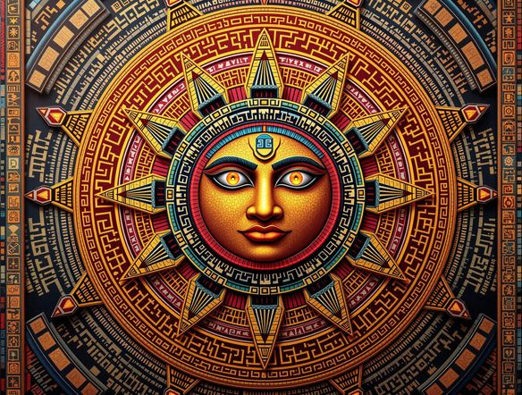 Intricate Aztec sun stone art, detailed iconography, vibrant colors, Mesoamerican patterns, AI generated art, high resolution.