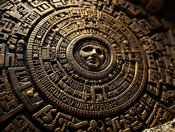 A detailed AI rendering of the Aztec sun stone, featuring glyphs and calendar elements, ancient stone texture, dramatic lighting, historical artistry.