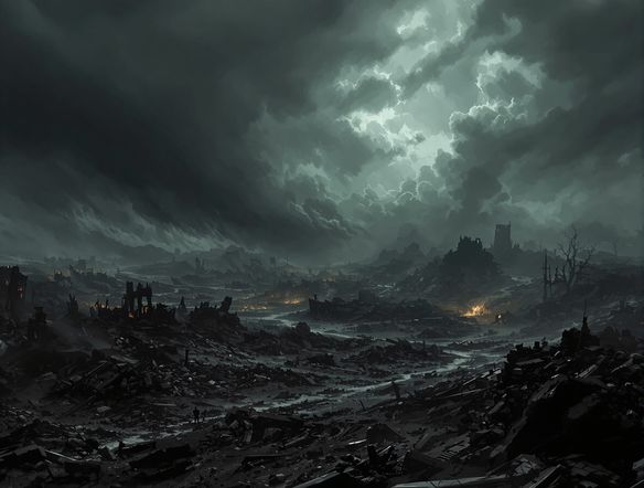 A sprawling, war-torn battlefield under a perpetually stormy sky, rendered in a grimdark, warhammer 40k style. Emphasize bleak and gritty art, with ruined structures and scattered debris.