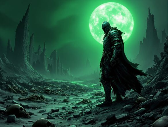 A lone knight in tattered armor stands on a desolate battlefield, illuminated by a sickly green moon. Jagged ruins and skeletal remains litter the landscape, conveying a sense of despair and destruction.