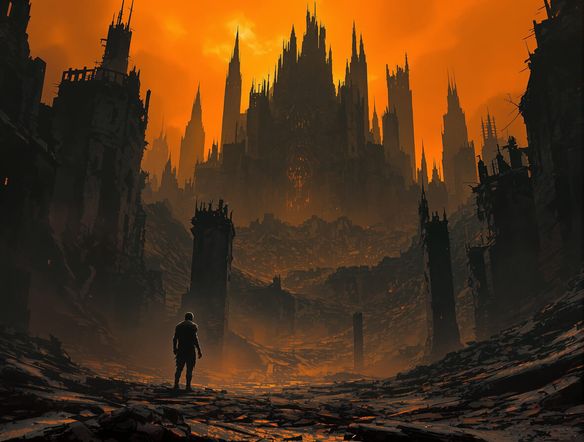 A lone, tattered figure stands before a colossal, decaying city under a toxic, orange sky. This dystopian fantasy generator prompt focuses on oppressive architecture and a hopeless, gritty atmosphere.