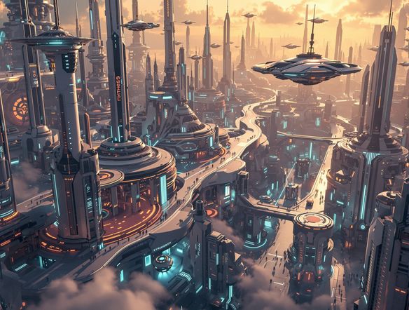 A sprawling, utopian futuristic city with sleek, interconnected architecture, glowing energy conduits, and flying vehicles, rendered in a hyperrealistic style.