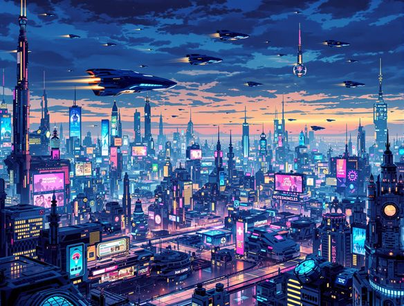 A sprawling futuristic city skyline at dusk, with flying vehicles and holographic advertisements, rendered in a vibrant, neon-infused sci-fi technology art style.