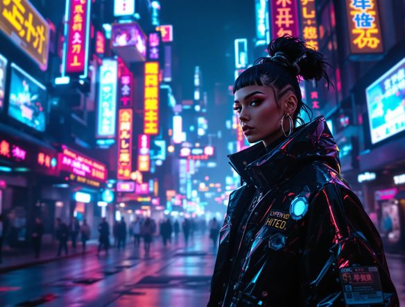A high-fashion model on a neon-lit street in a cyberpunk city, wearing avant-garde clothing, with advanced technological elements integrated into the background, reflecting a unique future aesthetic.