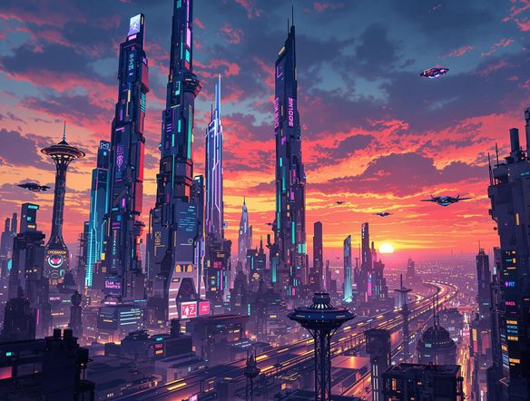 A vibrant and eye-catching PNG image of a futuristic city skyline at sunset, with neon lights and flying vehicles. Use a resolution suitable for printing a flyer. Detailed and high quality.