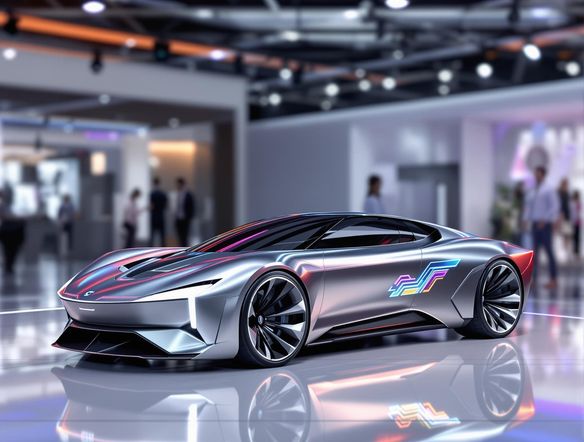 A dynamic car logo featuring abstract geometric shapes suggesting speed and innovation. Place the logo on a realistic car mockup in a showroom setting. Use a vibrant color palette. High resolution, photorealistic rendering.