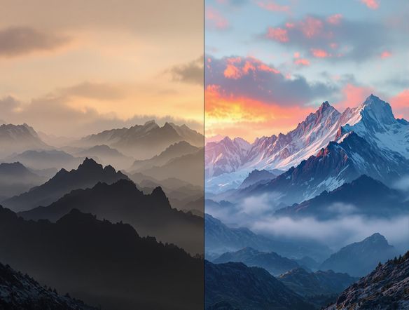 A side-by-side comparison of a dull landscape photo dramatically enhanced with vibrant colors and details using AI. Show the 'before' and 'after' effect clearly.