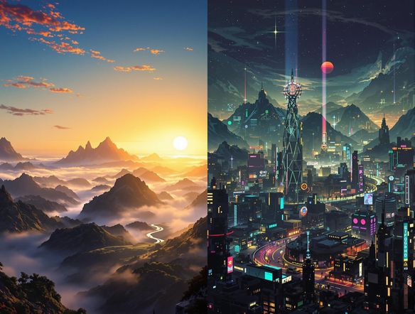 Two contrasting photos side by side: On the left, a serene sunrise over mountains; on the right, a vibrant cityscape at night, artistic style.