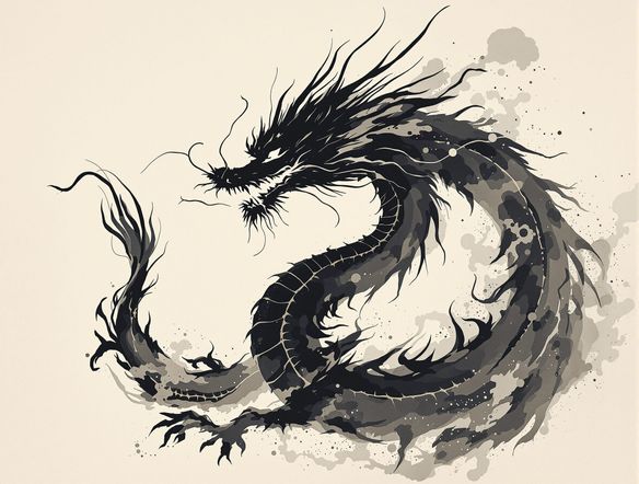 A majestic dragon rendered in classic sumi-e art style, with flowing ink wash and subtle stippling details, set against a minimalist background.