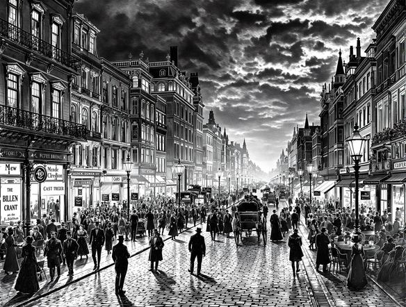 A detailed black and white drawing of a bustling Victorian street scene, focusing on intricate architectural details and dynamic character poses.