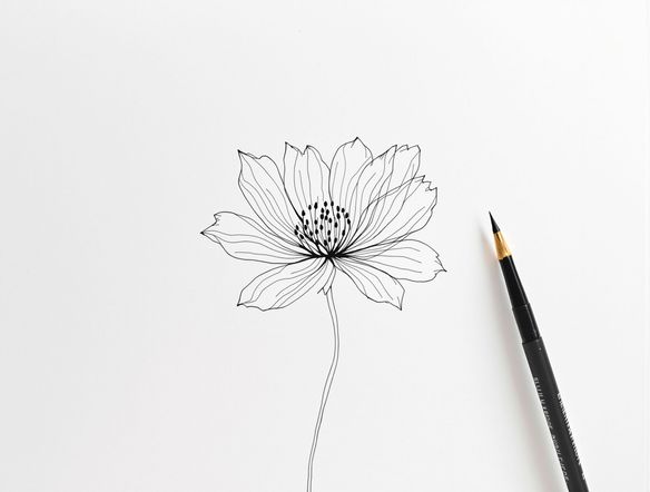 Elegant minimalist line art drawing of a blooming flower, black ink on white paper, clean and simple.