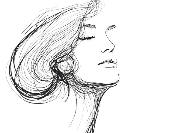 A single continuous line forming a minimalist portrait of a woman, elegant and simple, black ink on white background, clean line art.