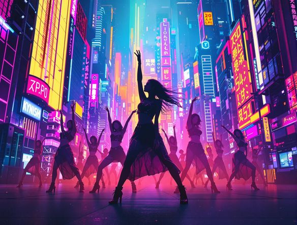 A vibrant and energetic Kpop playlist cover featuring neon lights, futuristic cityscapes, and silhouetted dancers. Emphasize a sense of rhythm and movement, with a bold, eye-catching title font.