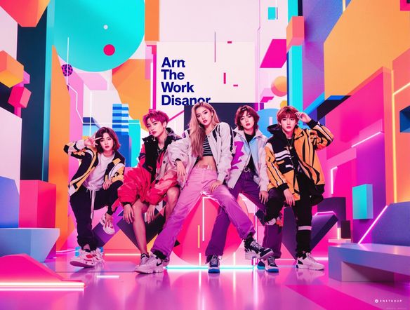 Design a cool and edgy Spotify playlist cover featuring a Kpop idol group in a dynamic pose. Incorporate abstract geometric shapes, bold color palettes, and a modern, minimalist font for the playlist title.