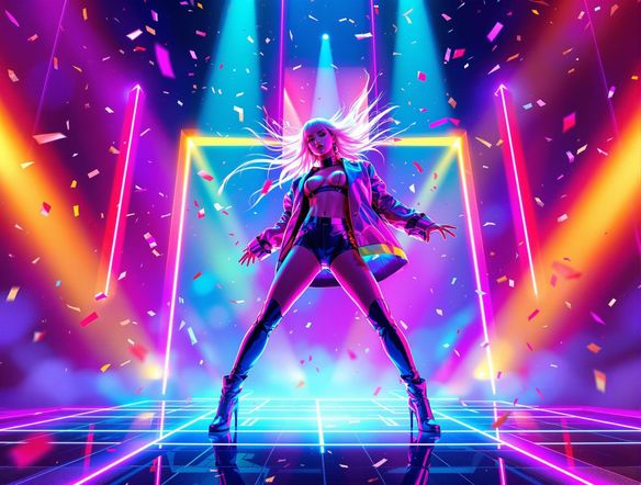 A vibrant and dynamic Kpop idol on a neon-lit stage, captured in mid-dance with confetti and light streaks, digital art.