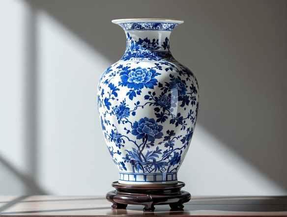 A traditional Chinese vase with intricate blue and white floral patterns, rendered in a photorealistic style, showcasing the beauty of traditional Chinese pottery AI.