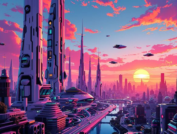 A futuristic cityscape at sunset, showcasing stylized 3D graphics with bold outlines and saturated colors. Include flying vehicles and unique architectural designs, emphasizing a clean, modern aesthetic.