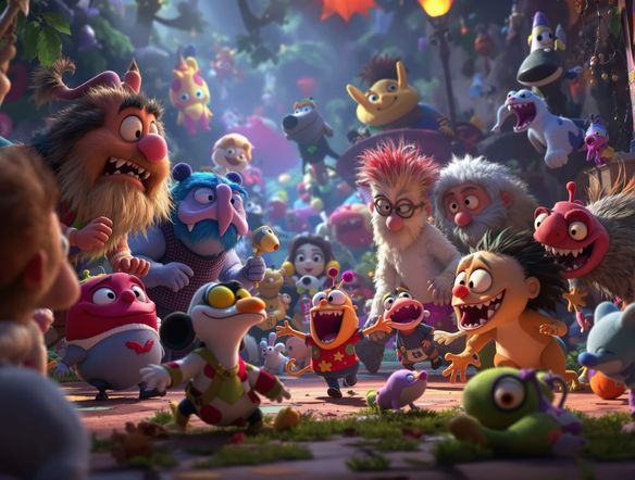 A vibrant 3D animation scene with characters in a distinct, stylized art form, showcasing dynamic movement and creative textures, rendered with high detail.