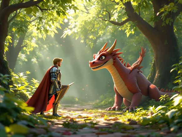 A whimsical 3D animation scene featuring a brave knight encountering a friendly dragon, rendered in a vibrant, painterly digital 3D style. The overall mood is adventurous and magical.