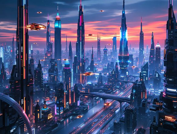 A sprawling futuristic cityscape at dusk, with sleek flying vehicles navigating between towering, illuminated skyscrapers, showcasing advanced AI sci-fi concept art.