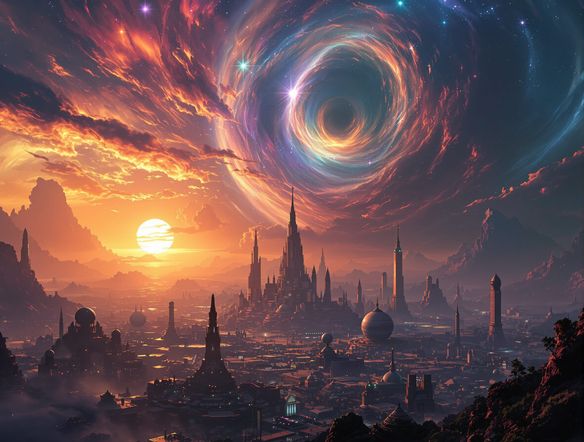 A sprawling alien cityscape under a binary sunset, detailed matte painting, epic scale, vibrant nebulae in the sky, cinematic lighting, trending on ArtStation, science fiction concept art.