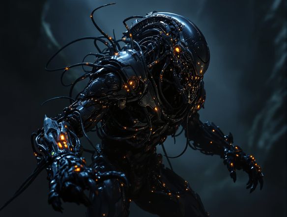 A biomechanical alien warrior with glowing cybernetic implants, intricate armor details, menacing pose, dark atmospheric lighting, high detail, concept art for a sci-fi game.