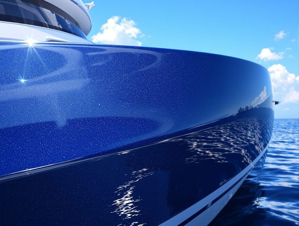 A sleek, modern yacht hull with a deep blue, high-gloss gelcoat finish. The AI marine paint art features subtle metallic flakes. Showcase a perfect fiberglass finish, reflecting the clear sky. Photorealistic style.