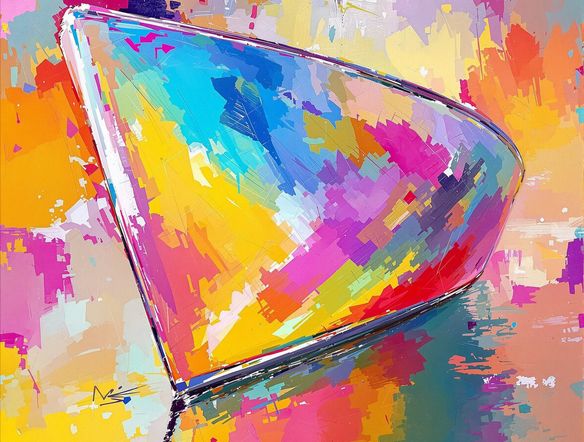 A painterly, abstract representation of a boat hull with a vibrant, glossy gelcoat finish, shimmering with iridescent colors and light reflections.