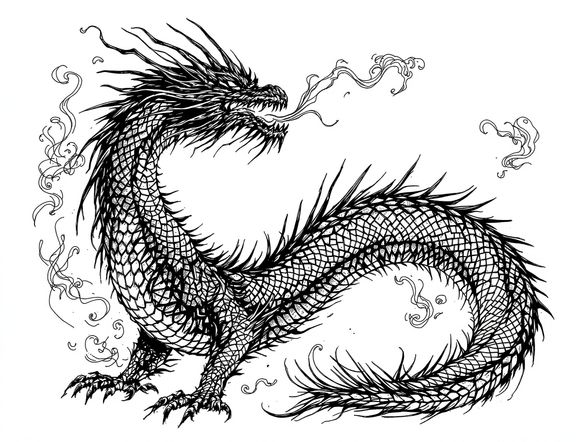 A highly detailed black ink sketch of a majestic dragon, intricate scales and swirling smoke, rendered in a classic pen-and-ink style, sharp lines, dramatic contrast, white background, black ink sketch AI.