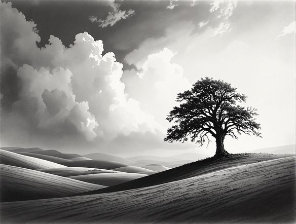A serene landscape featuring rolling hills and a lone tree under a cloudy sky, rendered in a beautiful grayscale art style, soft gradients, subtle textures, atmospheric perspective, monotone drawing creator.