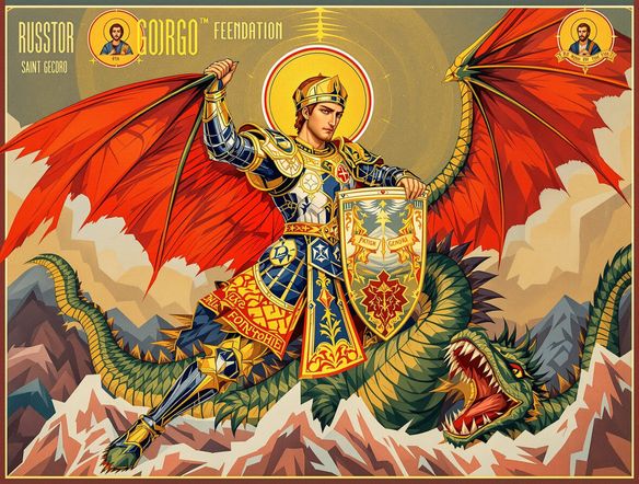 A stylized AI-generated Russian Orthodox icon featuring Saint George slaying a dragon, rendered in traditional Byzantine style with gold leaf accents and vibrant colors.