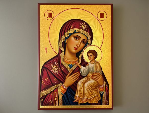 An AI-generated Russian Orthodox icon of the Mother of God, rendered in a traditional style, rich with gold leaf and deep colors, a Russian religious art generator masterpiece.