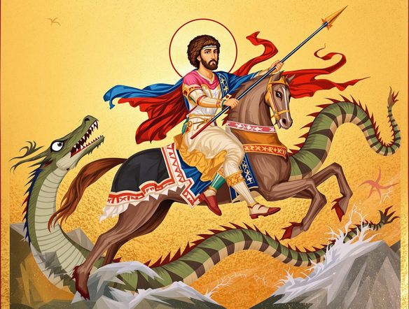 A Byzantine style icon art AI creation depicting Saint George slaying the dragon, with a gold background and vibrant, symbolic colors, in the manner of a traditional icon painting generator.