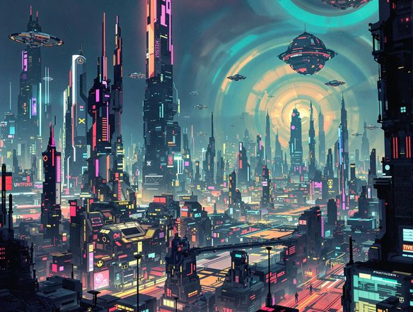 A looping GIF of a futuristic cityscape with neon lights and flying vehicles, suitable for a LinkedIn background generator. Cyberpunk style, high resolution, vibrant colors.