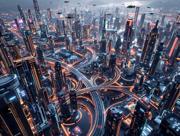 A sprawling futuristic metropolis viewed from above, intricate network of roads and flying vehicles, neon-lit buildings, complex 3D city model generator output, realistic urban environment CGI, high detail.