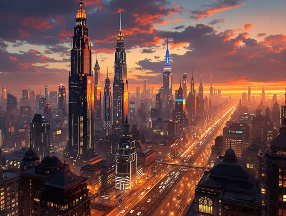 A hyperrealistic city render at sunset, towering skyscrapers with glowing windows, intricate street-level details, cinematic lighting, vast digital city landscape, 8k, ultra-detailed.