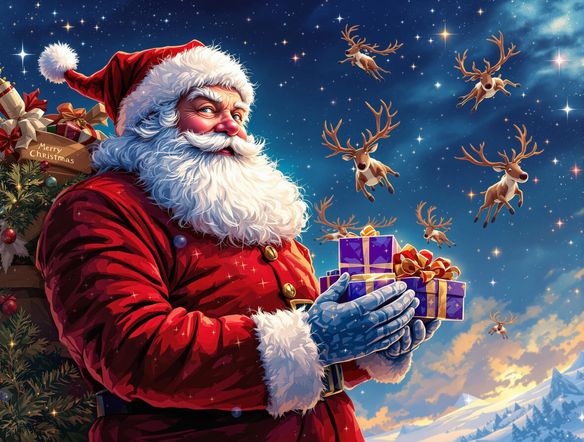 A charming Christmas card featuring a whimsical illustration of Santa Claus delivering presents, reindeer flying through a starry night sky, and a cheerful "Merry Christmas" message. Style: Digital art, vibrant colors.