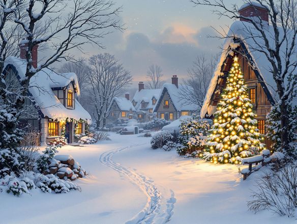 A festive Christmas card design featuring a cozy winter scene with snow-covered cottages and a warmly lit Christmas tree in the window, digital art, soft lighting.