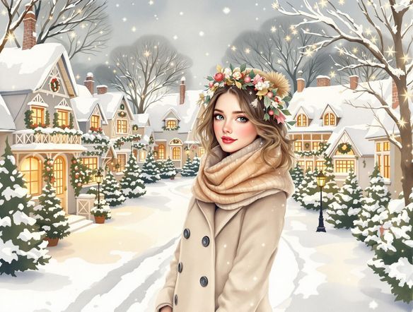 A beautifully designed holiday card featuring a cozy winter scene with snow-covered cottages, warm lighting, and festive decorations. Style: Watercolor painting.