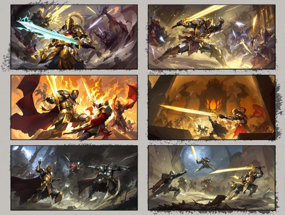 A series of storyboard panels featuring a heroic knight character in various action poses, dynamic character design, AI generated shot sequences, fantasy art style.